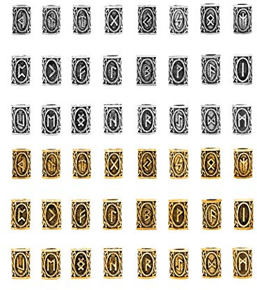 Monsully 48 Stück Bartperle Wikinger, Nordische Runen Perlen,Haar Bart Perlen,Nordischen Wikinger Runen Haar Bart Perlen,Anhänger DIY Armband Schmuck(Uraltes Silber+Ancient gold)