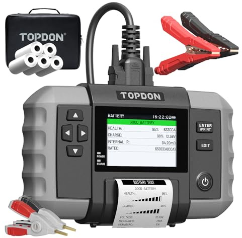 TOPDON BT600 Plus Batterietester KFZ, Autobatterie Tester für 6V/12V/24V Batterien, 12V/24V Start-, Lade- und Systemtests, Widerstands- und Sequenztests, 3,5 Display mit eingebautem Akku und Drucker