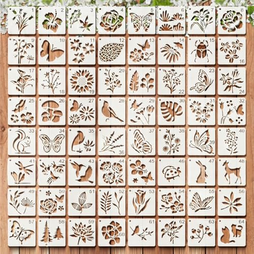 64 Stück Schablonen Set 7.6x7.6cm – Wiederverwendbare Malschablonen für DIY, Möbel, Holz, Boden, Scrapbooking, Textilgestaltung & Handwerk – Kunststoff Zeichenschablonen mit Blumen, Blättern & Tieren