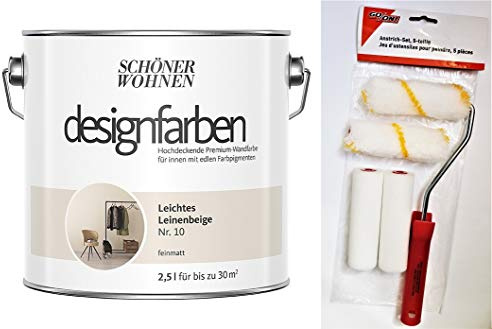 Schöner Wohnen designfarben feinmatte Wandfarbe für innen 2,5 Liter mit go/on Rollen-Set 5-tlg (Nr 10 Leichtes Leinenbeige)