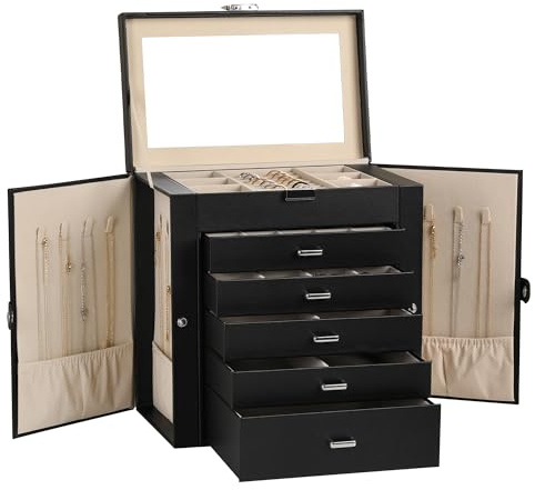 Frebeauty Große Schmuckschatulle, 6-stöckig, PU-Leder, Schmuck-Organizer, multifunktionale Aufbewahrungsbox mit Spiegel, Zubehörhalter mit 5 Schubladen für Halsketten, Armbänder, Uhren (schwarz)