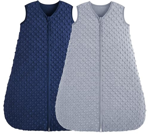 FIEMOL Schlafsack Baby 0-6 Monate 1.5 Tog, Neugeborene Schlafsack Herbst mit Plüsch Punkte, Weiche Winter Schlummersack Baumwolle, Baby Tragedecke Blau & Grau 2er Pack 67cm