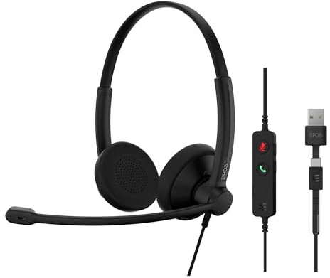 EPOS Impact 100 UC Stereo USB-C+A Headset mit Mikrofon, Universal Communications, Geräuschunterdrückung, Leichtgewicht, USB-Adapter, UC Professionell Kopfhörer, Ohrpolster weich, Schwarz