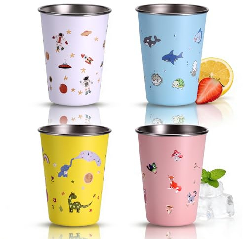 Hejo 4 Stück Kinderbecher Edelstahl, Trinkbecher für Kinder Edelstahlbecher | 350ml, Blau, Pink, Gelb, Weiß, haltbar, für Jungen＆Mädchen
