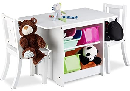 Relaxdays Kindersitzgruppe Albus mit Stauraum, weiß | 1 Tisch und 2 Stühle aus Holz, Kindertischgruppe für Jungen und Mädchen