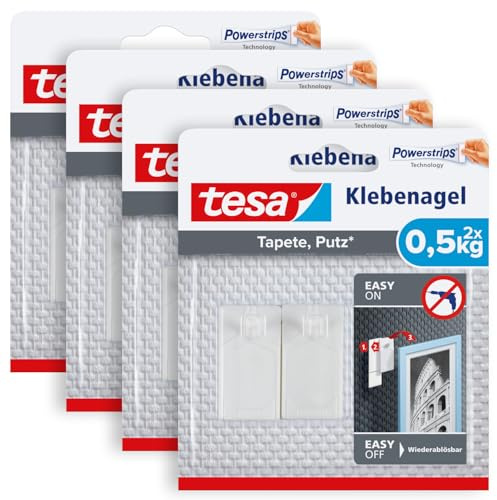 tesa Klebenagel für Tapeten und Putz 0,5kg im 4er Pack - Selbstklebende Nägel für empfindliche Oberflächen - rückstandslos - Bis zu 0,5 kg Halteleistung pro Nagel - 4x 2 Klebenägel