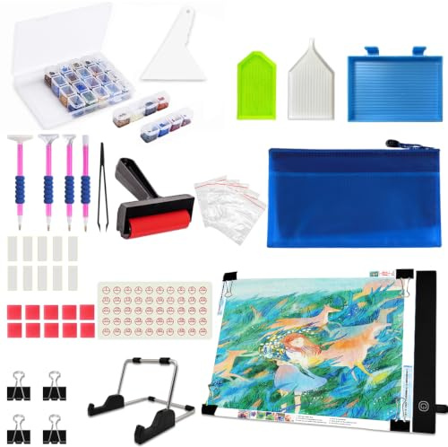 JUSONEY Diamond Painting Zubehör - 41 PCS Dimmable ultradün Leuchttisch A4 Light Pad Kit mit DIY 5D Diamond Painting Werkzeug Set - USB Kabel für Malen Animation Tattoo Zeichnung