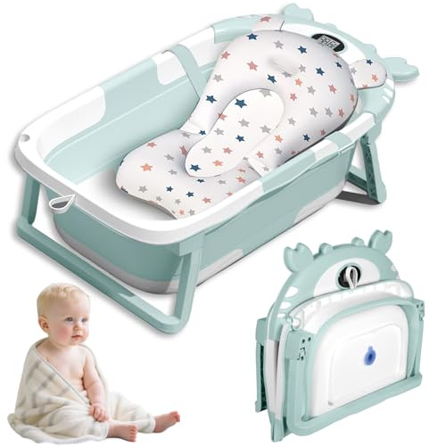 Vautvis Baby Badewanne, Baby Badewanne Faltbar Mit Thermometer und Badematte, Baby Bathtub, Babybadewanne Neugeborenes Bis Kleinkinder 0-36 Monate, Tragbare Reise Babywanne Faltbar (Green)
