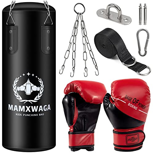 Mamxwaga Hängend Boxsack Set für Kinder und Jugendliche 2FT PU Boxsack Ungefüllt mit 6OZ Boxhandschuhen und Edelstahl Aufhänger Punchingsack für 3-12 Jahre