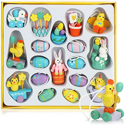 com-four® 18-teiliges Set Oster-Holzanhänger 2-4 cm - niedlicher Osterschmuck aus Holz - bunt bemalte Holzfiguren für den Osterstrauch zum Anhängen (18 Stück Anhänger)