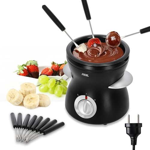 ADE elektrisches Schokofondue 500 ml mit 8 Spießen | Temperiergerät zum Schokolade & Kuvertüre Schmelzen | 2 Temperaturstufen | ideal für Schokobrunnen