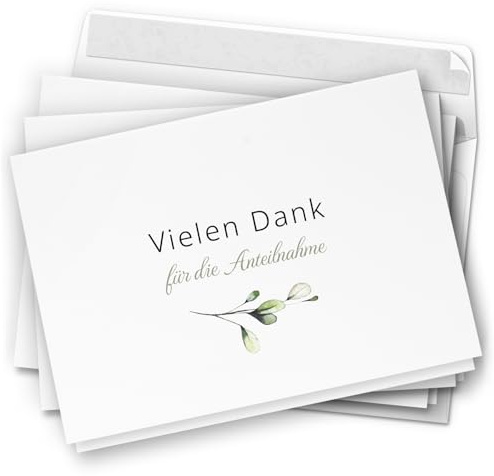 Danksagungskarten Trauer – 10 Klappkarten mit Umschlägen – Motiv: Zarte Blätter– Trauerkarten Danksagung Vielen Dank für Anteilnahme mit Text – Dankeskarten Trauer nach Beerdigung