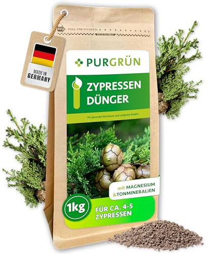 Purgrün® Zypressen-Dünger 1 kg – Sattgrüne Nadeln dank Magnesium – Schnelles, gesundes Wachstum – Verbessert die Bodenqualität – Erhöht die Widerstandskraft – Koniferendünger für ca. 20 Pflanzen