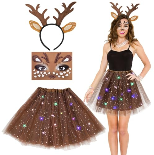 Wishstar Reh Kostüm Damen, Rentier Kostüm, Rentier Haarreif und LED tüllrock, Braun Tüllrock Damen, Tattoo Aufkleber Gesichtsaufkleber, Tierkostüm Erwachsene, Faschingskostüme Damen