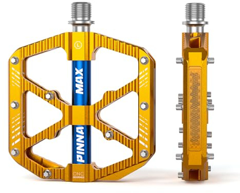 PINNAMAX MTB Fahrradpedale, CNC Aluminium, 3 Abgedichtete Lager, rutschfest, Pedale für Mountainbike, BMX, E-Bike, Rennrad (Gold)