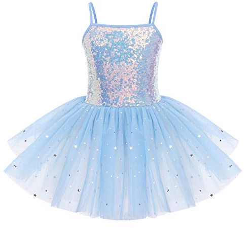 IWEMEK Kinder Ballettkleidung Mädchen Ballettkleid Ärmellos Pailletten Balletttrikot Ballettanzug Tanzkleid Tanzbody mit Tütü Rock Ballettrock Gymnastik Tanzbekleidung Blau 3-4 Jahre