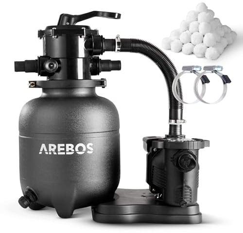 Arebos Sandfilteranlage mit Pumpe inkl. 600g Filterbälle | 350W | 9500 L/h | Tankvolumen bis zu 20 kg Sand | 7 - Wege Ventil mit Griff | mit Druckmanometer | Poolfilter | Schwarz