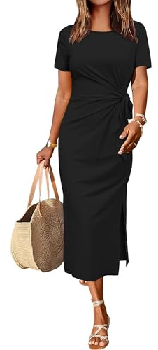 Newshows Sommerkleid Damen Lang Maxikleider Kurzarm Freizeitkleid Elegant T Shirt Sommer Kleid mit Schlitz
