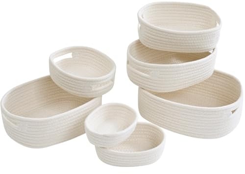 Sagittar Aufbewahrungskorb 7er Set aus handgestrickter Baumwolle, Organizer für Kleidung & mehr, Gewebter Baumwollseil-Korb für Kinderzimmer & Wohnzimmer, Weiß