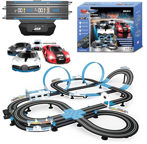 Slot Car Racing Set mit LED-Rundenanzeige, Hochgeschwindigkeit, Tankstopp, Sprachfeedback, 4 lizenzierten Autos, 13,5 m (44 ft) Strecke, elektrisch oder batteriebetrieben für Kinder und Erwachsene