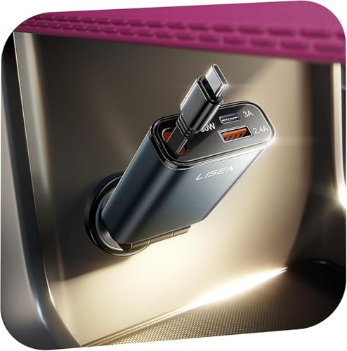 LISEN 57W Zigarettenanzünder USB C 3 in 1 Auto Ladegerät - [300% Kompakt] 12V USB Adapter Auto Ladegerät mit Einziehbares Ladekabel, PD&QC3.0 Car Charger für iPhone 17 Pro Max 16 15 14