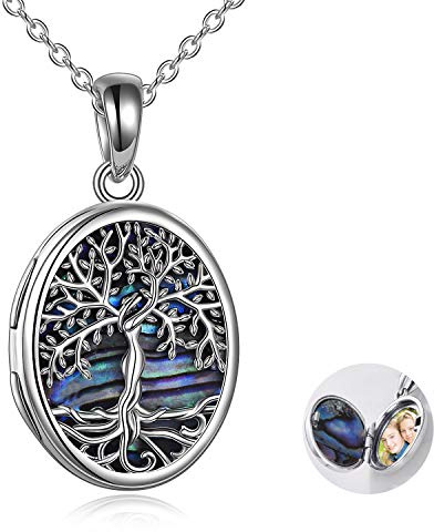 YAFEINI Medaillon-Halskette,Sterling Silber Baum des Lebens Medaillon-Halskette,Perlmutt/Abalone-Muschel Anhänger Schmuck Foto Bilder Medaillon Halskette für Frauen