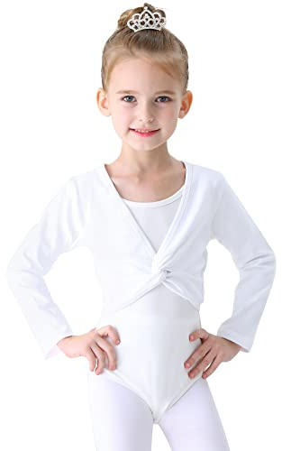 Soudittur Ballettjacke Mädchen Langarm Weichem Baumwollstoff Wärmende Ballettkleidung für Kinder (Weiß, 115-125)