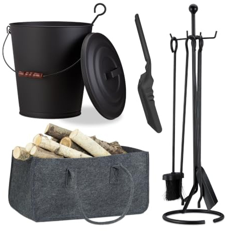 Relaxdays 8 TLG. Kamin-Komplettset, Ascheeimer, Kohlenschaufel, Kaminholztasche, Kaminbesteck, Stahl, Filz, schwarz/anthrazit