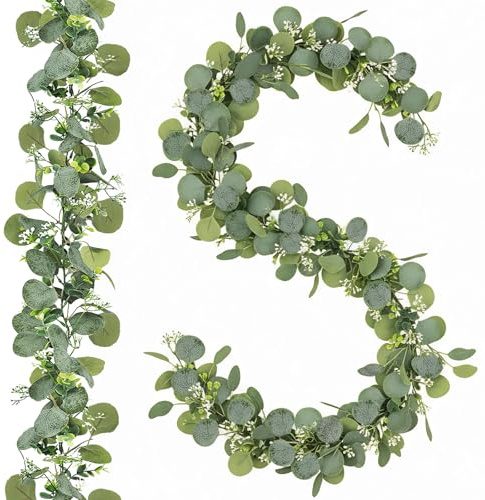 ROLLWAY 2 Stück Eukalyptus Girlande, Künstliche Girlande Pflanze 1,8m Hängend Grüne Blätter Deko mit Weiße Blumen Silberdollar Eukalyptusranke für Hintergrund Hochzeit Bogen Grün