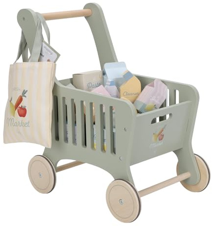 Little Dutch Einkaufswagen inkl. Einkaufstasche und Lebensmitteln aus Holz für Kinder - Mint