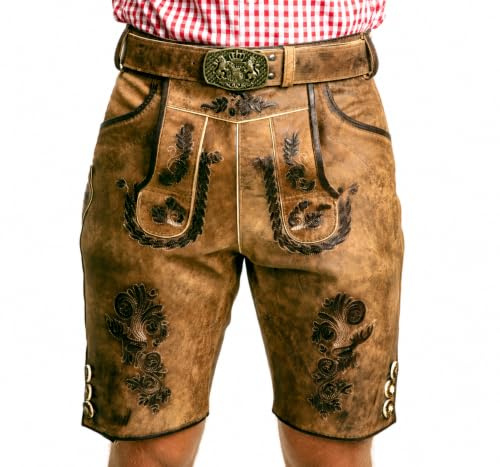 SYMPHONIE WESTERWALD Bayerische Herren Trachten Lederhose mit Trachtengürtel + Hosenträger, speckig, antik Look, braun, Gr. 50