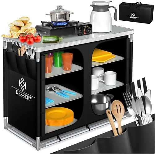 KESSER® Campingküche | Inkl. Tragetasche | Campingschrank Faltschrank | mit Aluminiumgestell | Reiseküche | Küchenbox | Zeltschrank | Outdoor Camping Küche | Schwarz | Typ F6