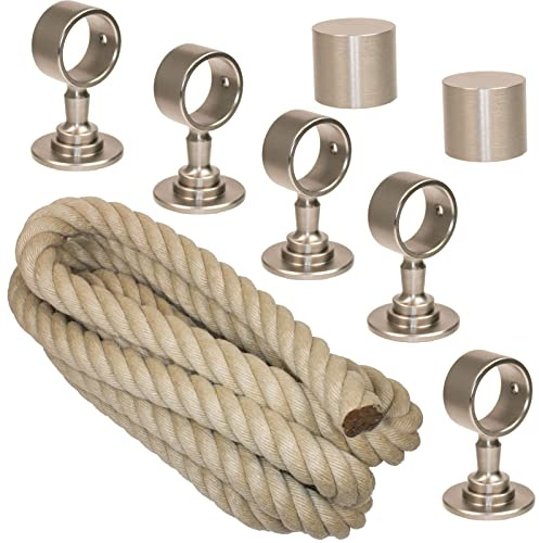 Handlaufseil-Set Ø 30 mm – 5 m Polyhanf-Seil „Nature Touch“ naturfarben mit 2 Endkappen & 5 Seilträgern, vernickelt | Treppe & Geländer