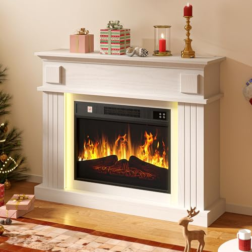DWVO Elektrokamin, Elektrischer Kamin mit Heizung und Knistern Realistischer 3D-Flammeneffekt, 2000 W Standkamin mit LED Ambientebeleuchtung, Fernbedienung Programmierbar Timer Thermostat, Weiß