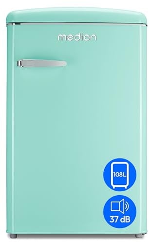 MEDION Retro Kühl-Gefrierkombination (95L Kühlschrank, 13L 4 Sterne Gefrierfach, 108 Liter Nutzinhalt, LED Innenbeleuchtung, Stufenlose Temperaturregelung, MD 37790) grün