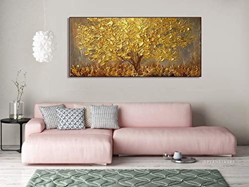 Orlco Art Wanddekoration, handbemalt, Landschafts-Blumen-Wandkunst, abstraktes Palettenmesser, goldfarbener Baum mit Blüten, Ölgemälde auf Leinwand, Familienzimmer, Wohnzimmer-Kunst