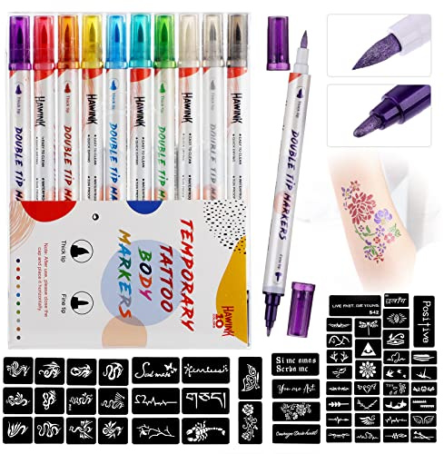 HAWINK Temporäre Tattoo Markers Set mit 10 Farben Tattoo Stifte und 56 Tattoo Große Schablonen Tattoos für Mädchen Erwachsene Weihnachten ZYH2208001KIT