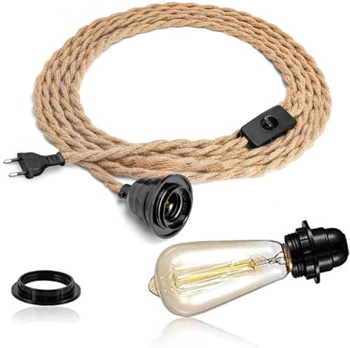FRIDEKO HOME Pendelleuchte Kit mit Schalter - Vintage Lampenkabel mit 4.5M gedrehten Hanfseil E27 Lampenfassung Plug in DIY Hängende Leuchte für Farmhouse Home Loft - Ohne Glühbirne