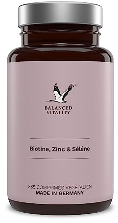 Biotin, Zink & Selen - 10000 µg Biotin, 10 mg Zink-Bisglycinat, 55 µg Selen - 365 vegane Tabletten - Haar-Vitamine im Jahresvorrat - für Haare, Haut & Nägel - ohne Zusatzstoffe - Balanced Vitality
