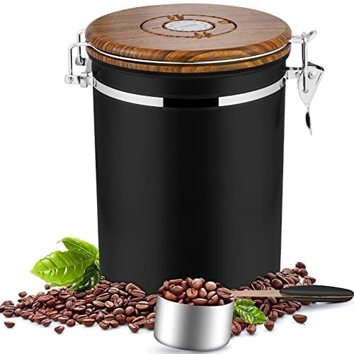 Dreamhigh® Kaffeedose Luftdicht 1kg Bohnen - Kaffeebehälter aus Edelstahl mit Messlöffel, Deckel aus Holzmaserung（Nicht Holz） -2800 ml