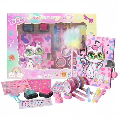 Pinkgarden Katzentagebuch Satz für Mädchen, Katzen-Schreibset mit Tagebuch, Pompon-Stift, Stempeln, Aufklebern & mehr - Ideales Geburtstagsgeschenk für Mädchen im Alter von 3-12 Jahren