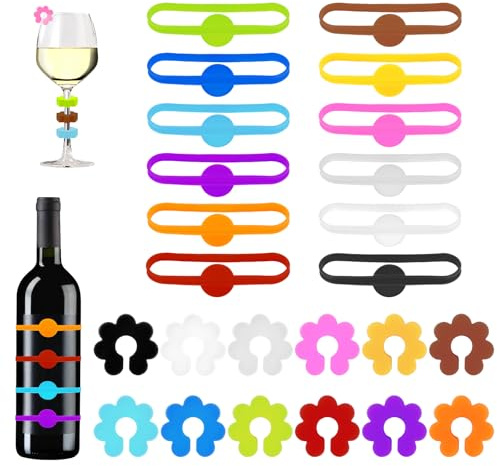 24 Stück Glasmarkierer, Glas Markierung Trinkgläser,Wiederverwendbarer Glasmarker Silikon,Weinglasmarkierer Wein Marker,Charm Weinglasring Silicon für Weinglas,Tassen, Trinkglas,Cocktailglas