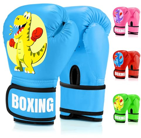 JUOIFIP Boxhandschuhe für Kinder, 4 oz, primäre Zughandschuhe aus PU, geeignet für 3-12 Jahre, Training, Boxhandschuhe für Boxsack, Kickboxing, Muay Thai, Blau