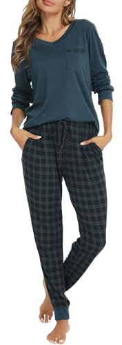 Vlazom Damen Schlafanzug Lang Zweiteiliger Schlafanzug Winter Pyjama Set V-Ausschnitt Langarm Pyjama Set