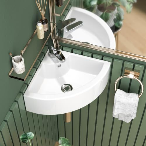 Sarlai Eckwaschbecken, Wandmontage, 45,7 x 33 x 12,7 cm | Moderne weiße Wandaufhängung Waschbecken Samll Waschtisch mit Überlauf Hahnloch Platzsparend Eckwaschbecken