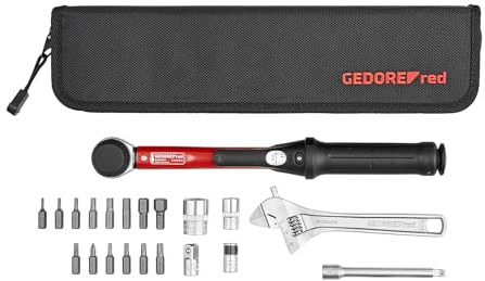 Gedore Red Fahrrad Werkzeugset Drehmoment, 21-teilig | Drehmomentschlüssel 1/4“, 2,5-25 Nm, Kardanverlängerung, Antriebsadapter, Bits, Rollgabelschlüssel