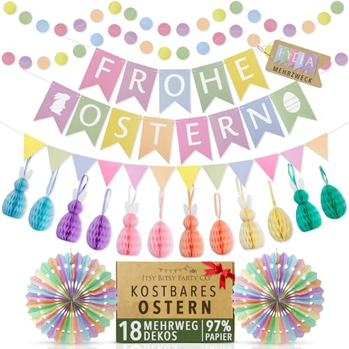 Premium Wiederverwendbare Osterdeko - Osterhase & Ostereier Deko, Wabenpapier Ostern Deko - Ostergirlande, Osterhasen, Ostereier zum Aufhängen - Osterdeko Modern (Banner auf Deutsch)