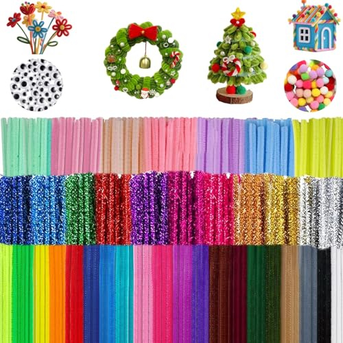 600 Stück Pfeifenputzer zum Basteln, 37Farben 400 Chenilledraht, 100 Chenilledraht Pompons und 100 Wackelaugen Selbstklebend, Pfeifenputzer Bunt zum Basteln für Kreative DIY (30cm x 6mm)