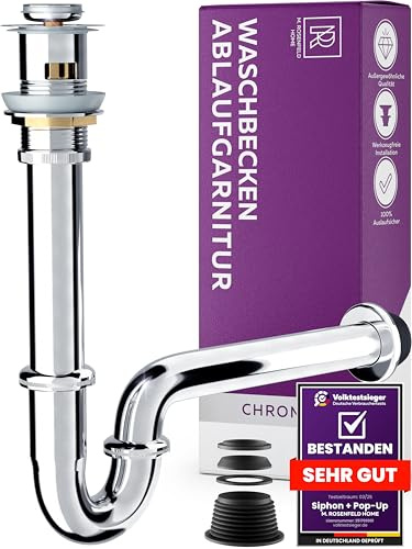 Universal Siphon für Waschbecken (Extra Lang Röhre) 1 1/4 Zoll (32 mm) + Waschbecken Ablaufgarnitur Pop Up mit Überlauf - Waschbeckenstöpsel und Syphon Badezimmer Waschbecken M. ROSENFELD HOME