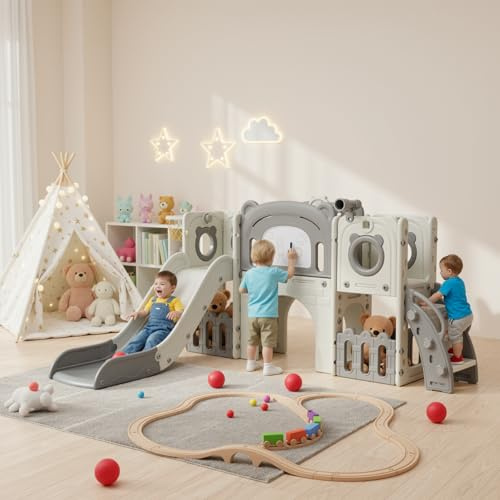 MAMIZO 10 in 1 Kinderrutsche, Kinder Rutsche mit Klettergerüst, Indoor & Outdoor Rutsche mit Basketballkorb, Zeichenbrett und Pinsel, Gartenrutsche,Kinder Spielplatz, mit 4PCS Moduls (Grau Weiß)